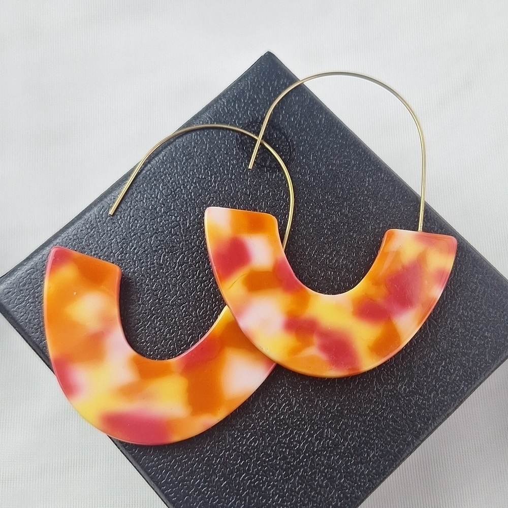 Tortoiseshell Orange And Yellow Crescent Hoop Earrings